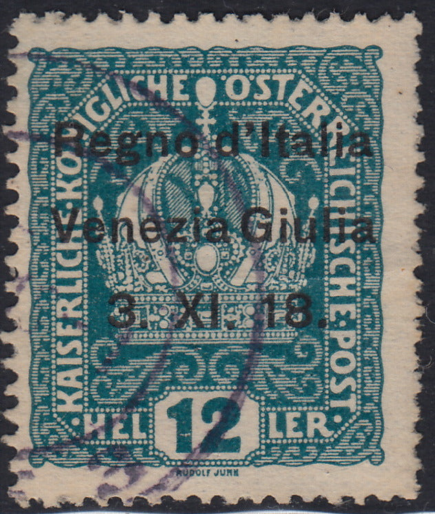 RM10_157 - 1918 - Francobolli d'Austria con soprastampa "Venezia Giulia" 12 heller verde azzurrousato (5)