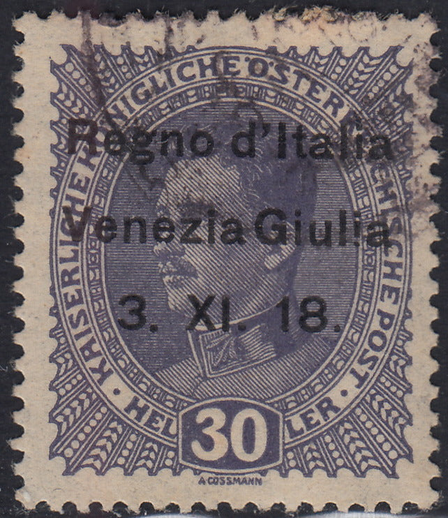 RM10_164 - 1918 - Francobolli d'Austria con soprastampa "Venezia Giulia" 30 heller violetto grigio usato (9)