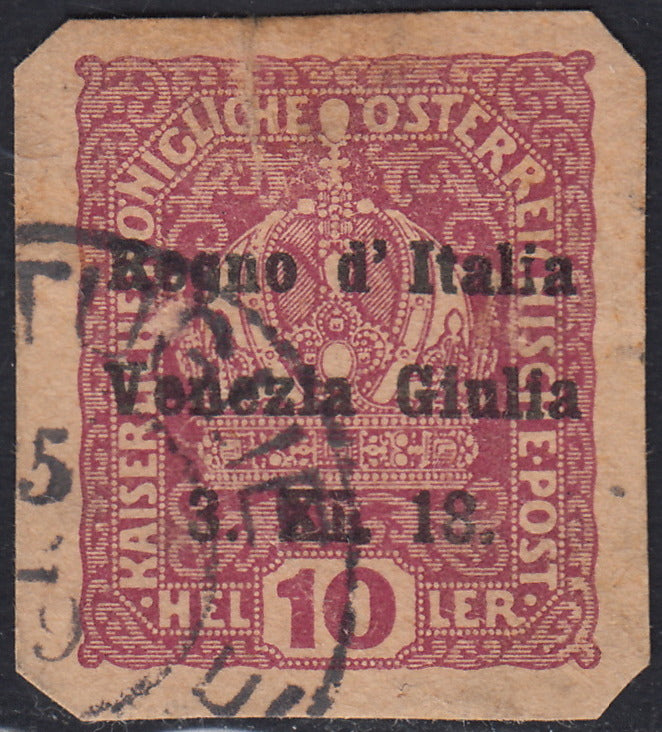 RM10_165 - 1918 - Ritaglio di intero postale con soprastampa "Venezia Giulia" 10 heller bruno rosso usato
