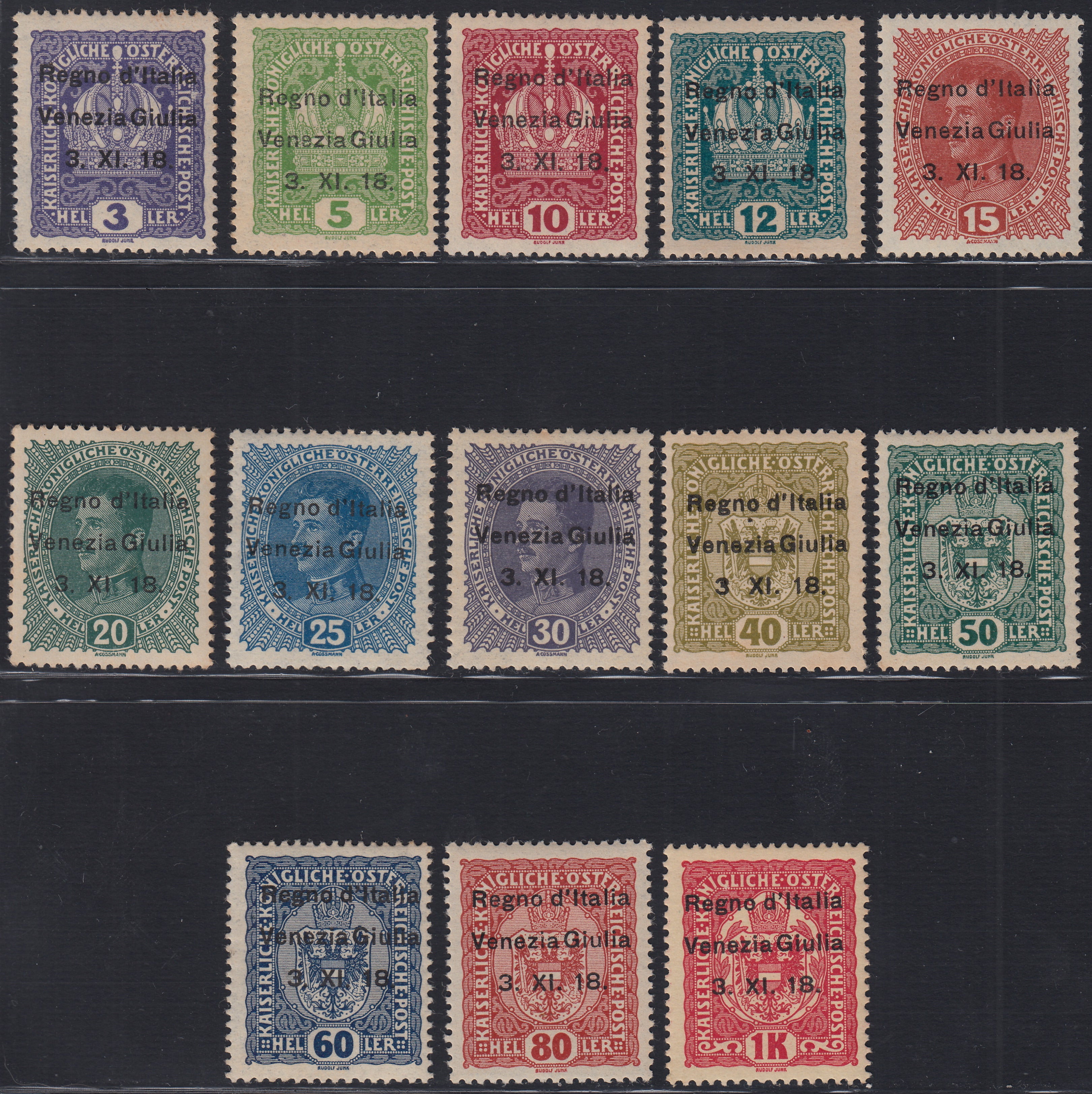 RM10_168 - 1918 - Francobolli d'Austria  con soprastampa "Venezia Giulia" serietta di 13 esemplari nuovi con gomma originale (1, 2, 4/14) (Copia)