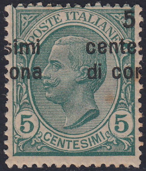 RM10_172 - 1919 - Leoni, c.5 verde con soprastampa fortemente spostata in alto e a sinistra nuovo con gomma (3ba)