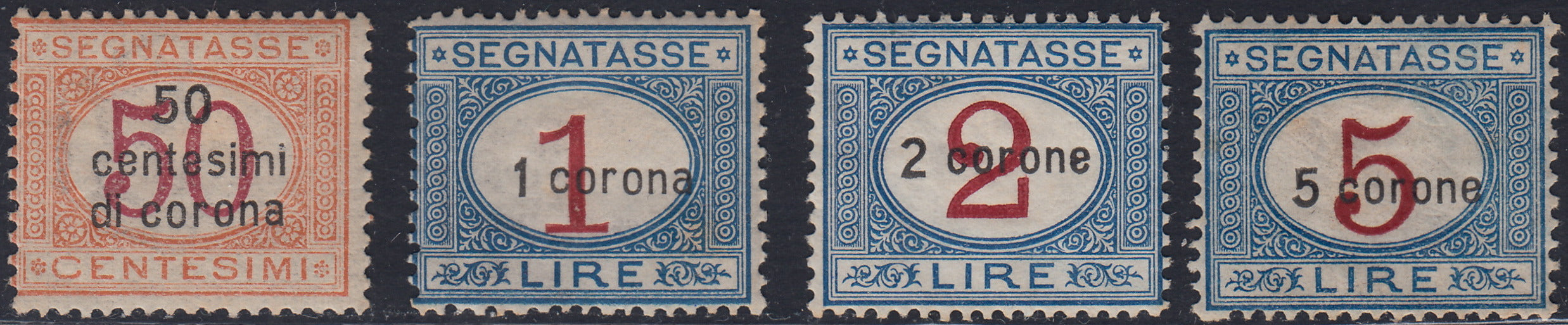RM10_177 - 1922 - Segnatasse d'Italia soprastampate in centesimi di corona e corone, serie completa di quattro valori nuova con gomma (1/4)