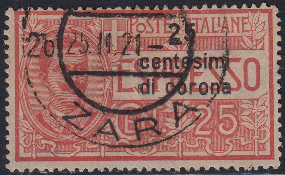 RM10_178 - 1921 - Espresso d'Italia n. 1 soprastampat 25 centesimi di corona su c. 25 rosso usato (1)