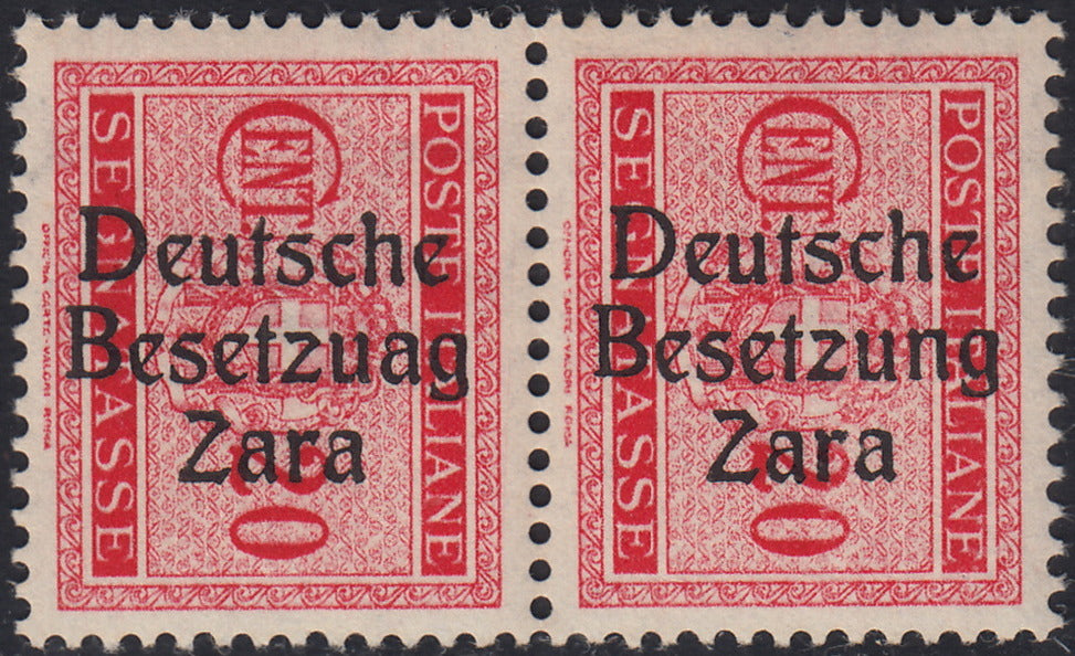 RM10_17 - 1943 - Occupazione tedesca di Zara, Segnatasse c. 20 carminio soprastampato "Deutsche BesetzuAg Zara" in coppia con esemplare normale nuovo con gomma integra (3+3a)