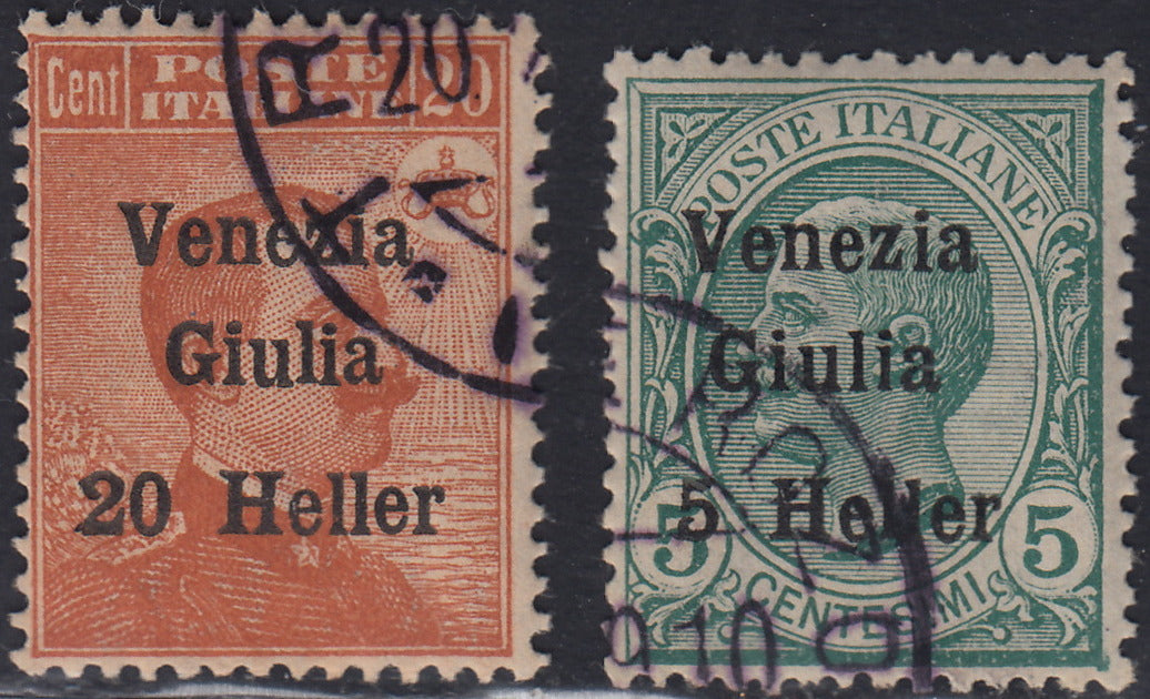 RM10_182 - 1919 - Francobolli d'Italia soprastampati "Venezia Giulia" e moneta in Heller, 2 valori usati (30, 31)