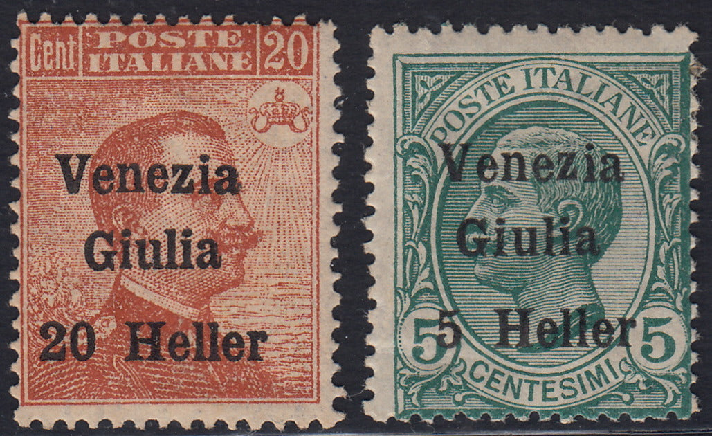 RM10_187 - 1919 - Francobolli d'Italia soprastampati "Venezia Giulia" e moneta in Heller, 2 valori nuovi con gomma (30, 31)