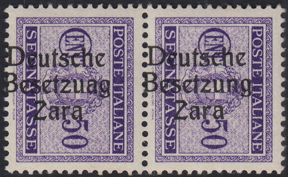 RM10_18 - 1943 - Occupazione tedesca di Zara, Segnatasse c. 50 violetto soprastampato "Deutsche BesetzuAg Zara" in coppia con esemplare normale e con soprastampa fortemente spostata a sinistra nuovo con gomma integra (7ba+7b)