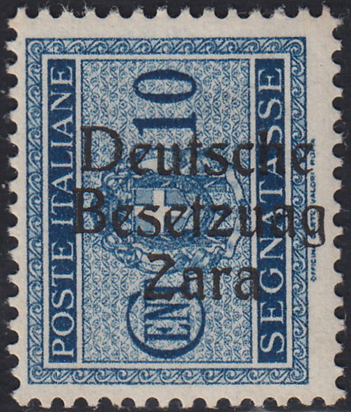 RM10_19 - 1943 - Occupazione tedesca di Zara, Segnatasse c. 10 azzurro soprastampato "Deutsche BesetzuAg Zara"nuovo con gomma integra (2a)