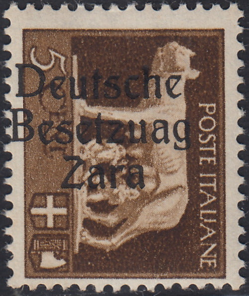 RM10_1 - 1943 - Occupazione tedesca di Zara, c. 5 bruno soprastampato "Deutsche BesetzuAg Zara" nuovo con gomma integra (1a)