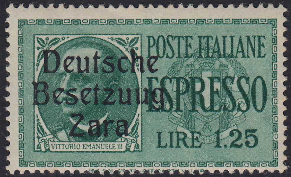 RM10_20 - 1943 - Occupazione tedesca di Zara, Espressi L. 1,25 verde soprastampato "Deutsche BesetzuUg Zara" nuovo con gomma originale (1a)