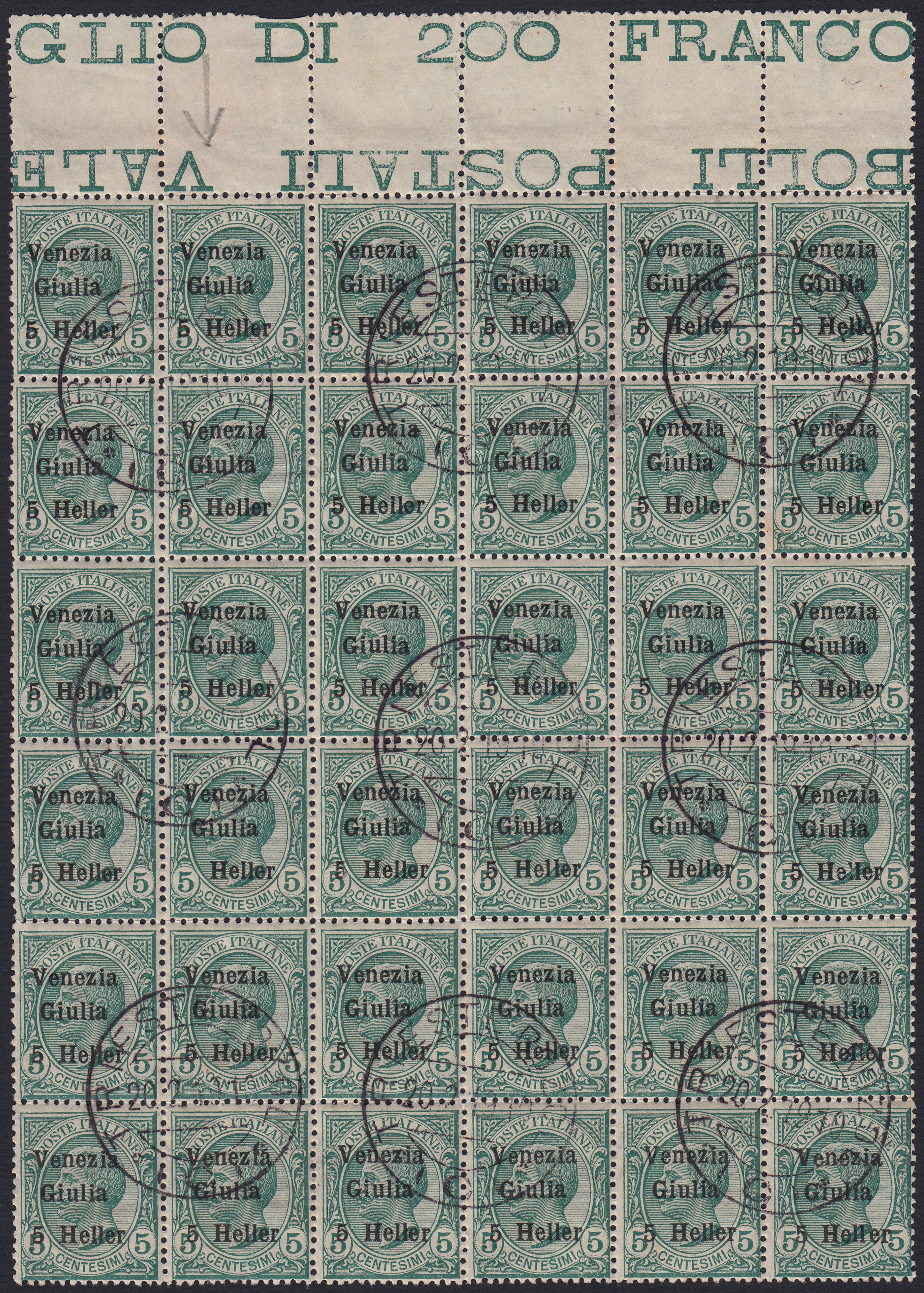 RM10_215 - 1919 - Francobolli d'Italia soprastampati "Venezia Giulia" e moneta in heller, 5 heller su c. 5 verde blocco di 36 esemplari usato (30, 30ca)