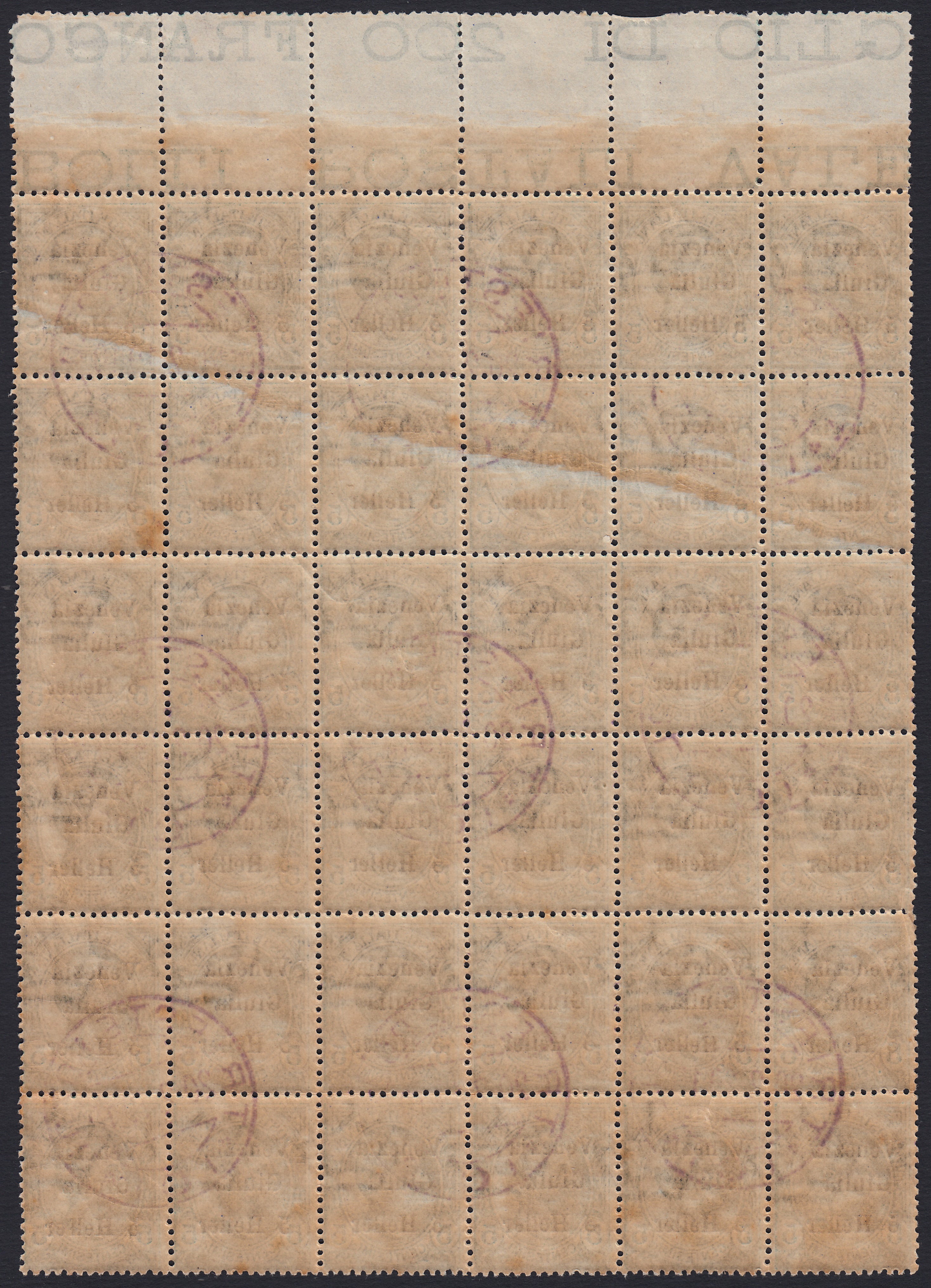 RM10_215 - 1919 - Francobolli d'Italia soprastampati "Venezia Giulia" e moneta in heller, 5 heller su c. 5 verde blocco di 36 esemplari usato (30, 30ca)