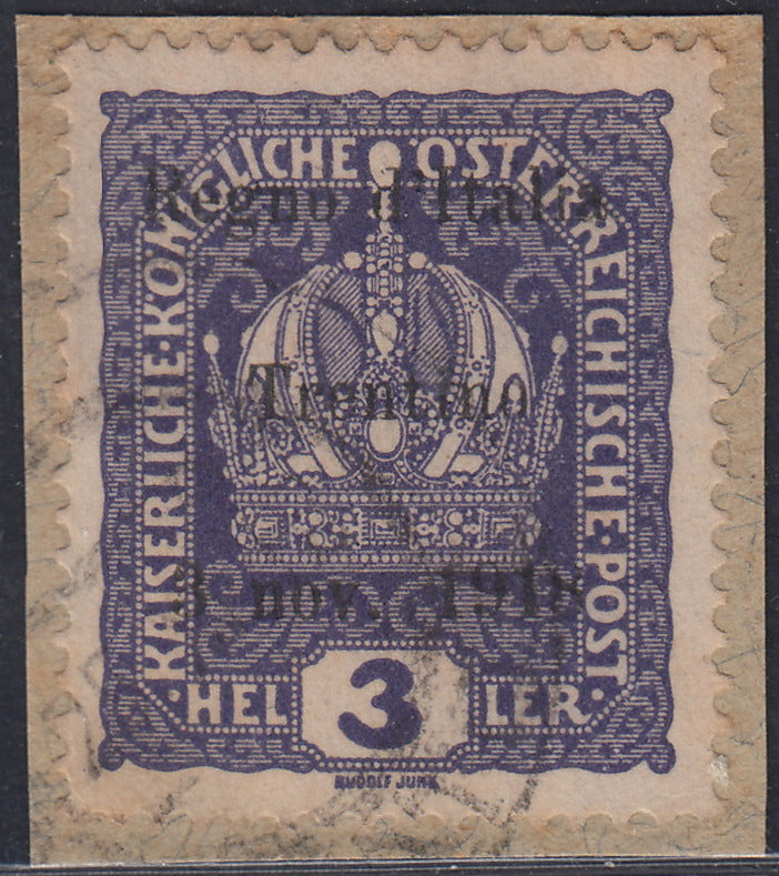 RM10_217 - 1918 - Francobolli d'Austria soprastampati "Regno d'Italia / Trentino / 8 nov. 1918", 3 heller violetto usato su frammento (1)