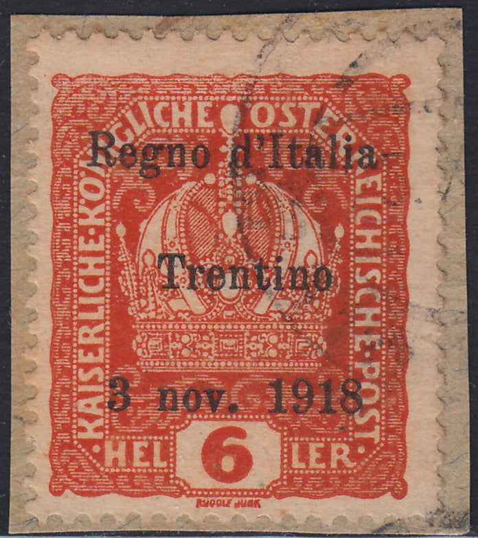 RM10_219 - 1918 - Francobolli d'Austria soprastampati "Regno d'Italia / Trentino / 8 nov. 1918", 6 heller arancio usato su frammento (3)