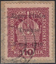 RM10_220 - 1918 - Francobolli d'Austria soprastampati "Regno d'Italia / Trentino / 8 nov. 1918", 10 heller lacca usato su frammento (4)
