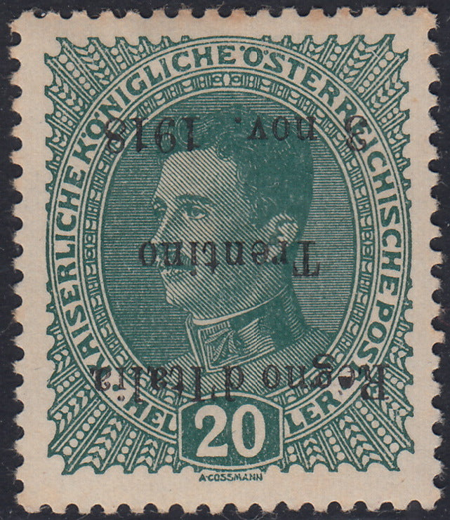 RM10_222 - 1918 - Francobolli d'Austria soprastampati "Regno d'Italia / Trentino / 8 nov. 1918", 20 heller verde scuro soprastampa capovolta nuovo con gomma originale (7b)