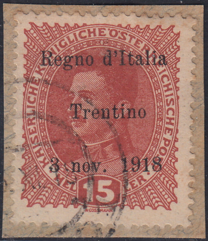 RM10_223 - 1918 - Francobolli d'Austria soprastampati "Regno d'Italia / Trentino / 8 nov. 1918", 15 heller bruno rosso usato su frammento (6)