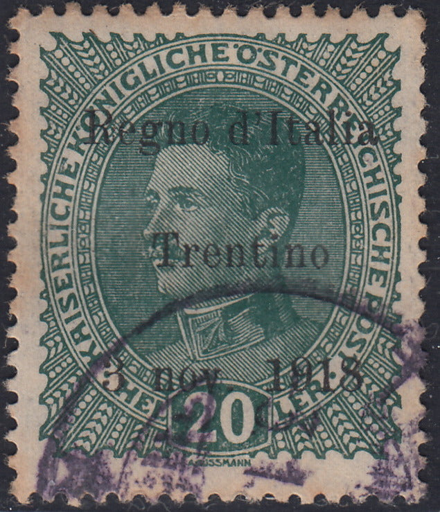 RM10_224 - 1918 - Francobolli d'Austria soprastampati "Regno d'Italia / Trentino / 8 nov. 1918", 20 heller verde scuro usato su frammento (7)