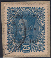 RM10_225 - 1918 - Francobolli d'Austria soprastampati "Regno d'Italia / Trentino / 8 nov. 1918", 25 heller azzurro usato su frammento (8)