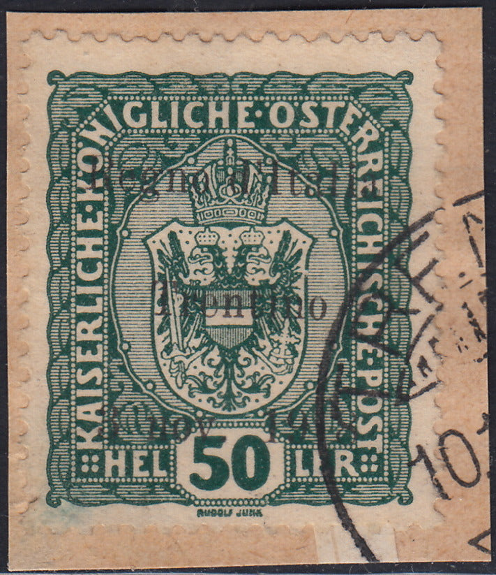 RM10_227 - 1918 - Francobolli d'Austria soprastampati "Regno d'Italia / Trentino / 8 nov. 1918", 50 heller verde usato (11)