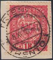 RM10_229 - 1918 - Francobolli d'Austria soprastampati "Regno d'Italia / Trentino / 8 nov. 1918", 1 korona rosa su carta gialla usato (15)