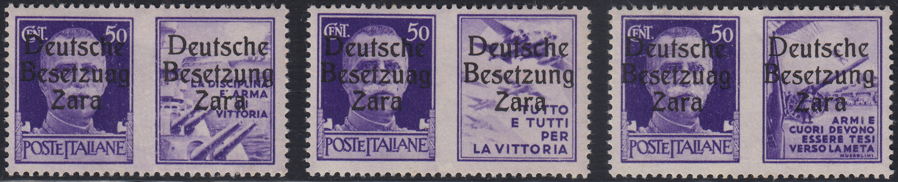 RM10_22 - 1943 - Occupazione tedesca di Zara, Propaganda di Guerra soprastampata "Deutsche BesetzuAg Zara" tre valori nuovi con gomma integra (21a, 22a, 23a)