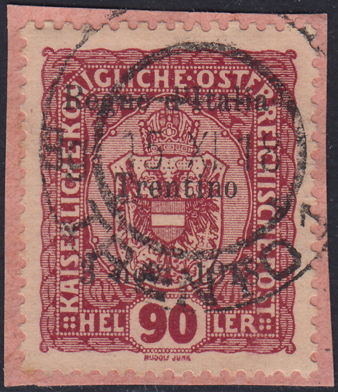 RM10_230 - 1918 - Francobolli d'Austria soprastampati "Regno d'Italia / Trentino / 8 nov. 1918", 90 heller lilla rosso usato (14)