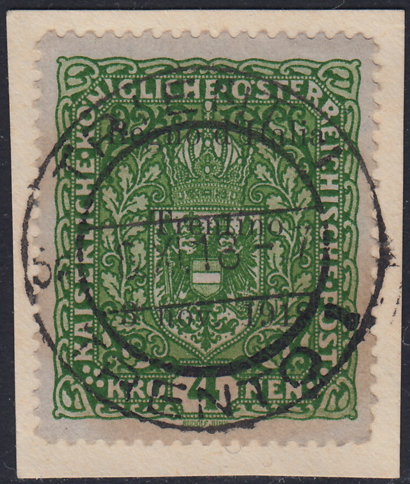 RM10_231 - 1918 - Francobolli d'Austria soprastampati "Regno d'Italia / Trentino / 8 nov. 1918", 4 corone verde scuro usato su frammento (17)