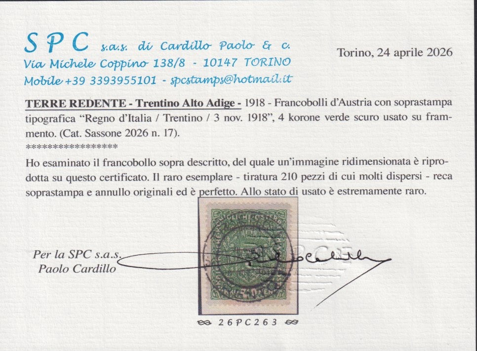 RM10_231 - 1918 - Francobolli d'Austria soprastampati "Regno d'Italia / Trentino / 8 nov. 1918", 4 corone verde scuro usato su frammento (17)