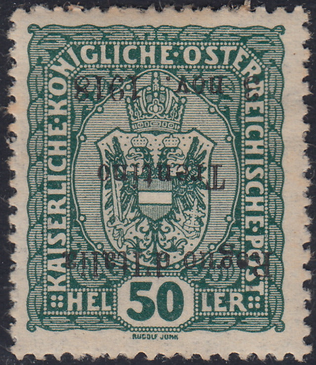 RM10_232 - 1918 - Francobolli d'Austria soprastampati "Regno d'Italia / Trentino / 8 nov. 1918", 50 heller verde soprastampa capovolta nuovo con gomma originale (11b)