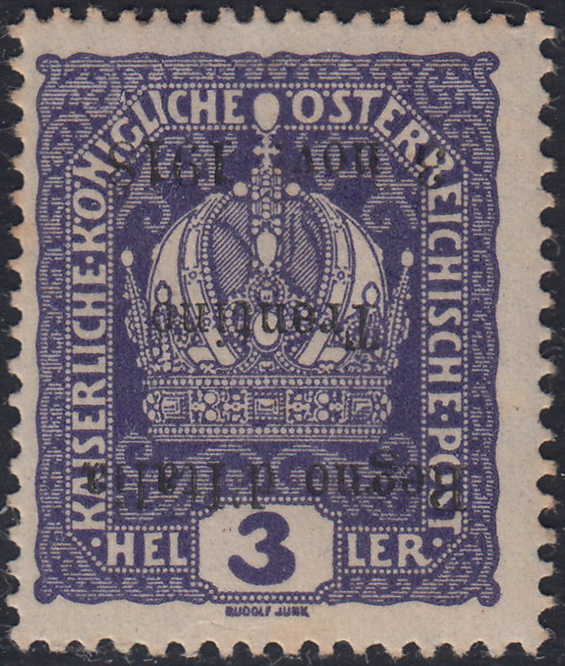RM10-33 - 1918 - Francobolli d'Austria soprastampati "Regno d'Italia / Trentino / 8 nov. 1918", 3 heller violetto soprastampa capovolta nuovo con gomma originale (1b)