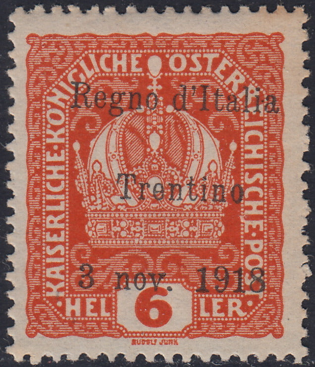RM10_236 - 1918 - Francobolli d'Austria soprastampati "Regno d'Italia / Trentino / 8 nov. 1918", 6 heller arancio soprastampa obliqua nuovo con gomma originale (3faa)
