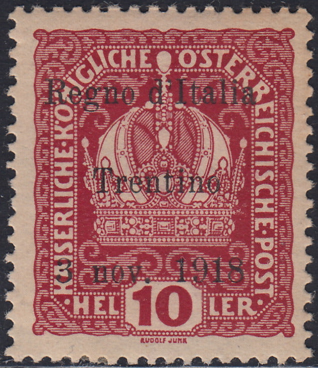 RM10_237 - 1918 - Francobolli d'Austria soprastampati "Regno d'Italia / Trentino / 8 nov. 1918", 10 heller lacca nuovo con gomma originale (4)