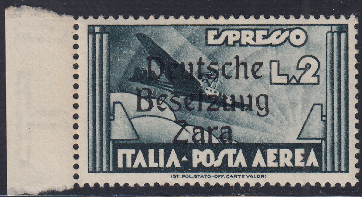 RM10_23 - 1943 - Occupazione tedesca di Zara, Posta Aerea L. 2 ardesia soprastampato "Deutsche BesetzuUg Zara" nuovo con gomma integra (9k)