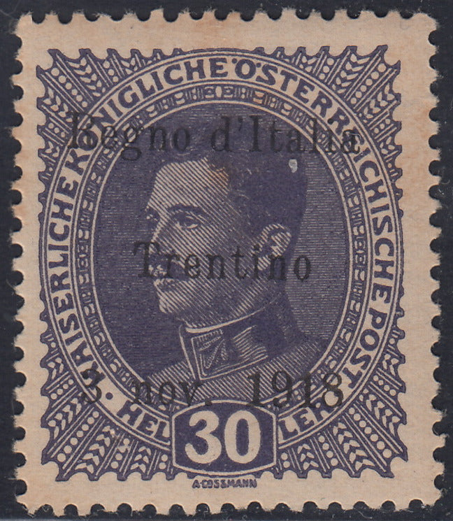 RM10_240 - 1918 - Francobolli d'Austria soprastampati "Regno d'Italia / Trentino / 8 nov. 1918", 30 heller violetto grigio nuovo con gomma originale (9)