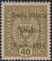 RM10_241 - 1918 - Francobolli d'Austria soprastampati "Regno d'Italia / Trentino / 8 nov. 1918", 40 heller oliva nuovo con gomma originale (10)