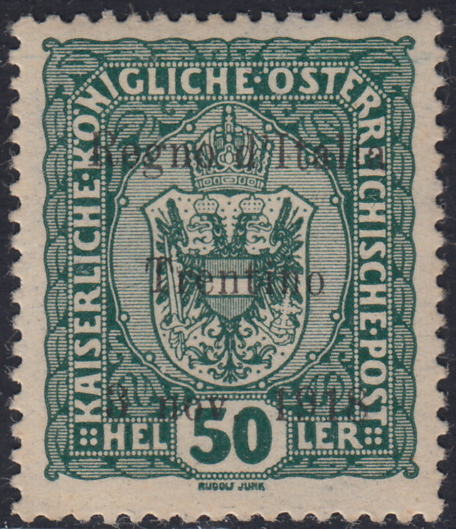 RM10_242 - 1918 - Francobolli d'Austria soprastampati "Regno d'Italia / Trentino / 8 nov. 1918", 50 heller verde nuovo con gomma originale (11)