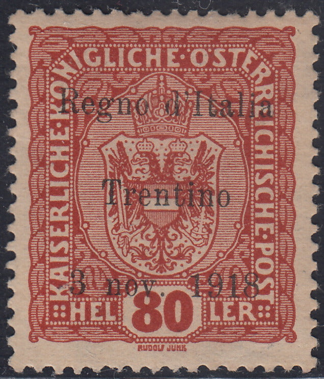 RM10_243 - 1918 - Francobolli d'Austria soprastampati "Regno d'Italia / Trentino / 8 nov. 1918", 80 heller bruno rosso nuovo con gomma originale (13)