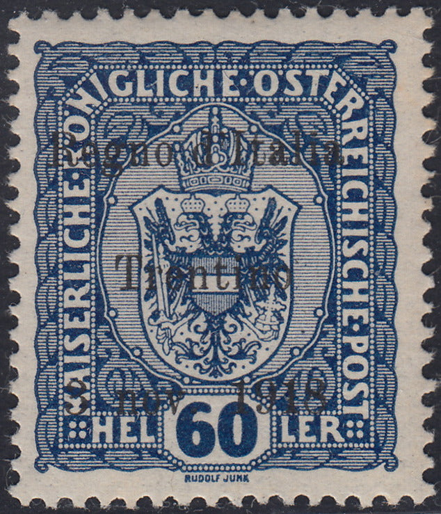 RM10_244 - 1918 - Francobolli d'Austria soprastampati "Regno d'Italia / Trentino / 8 nov. 1918", 60 heller cobalto scuro nuovo con gomma originale (12)