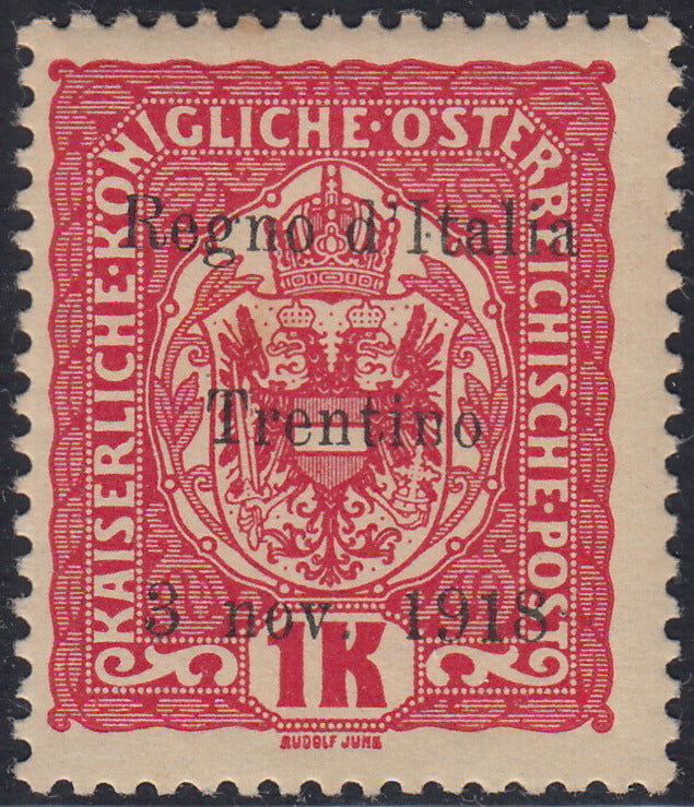 RM10_245 - 1918 - Francobolli d'Austria soprastampati "Regno d'Italia / Trentino / 8 nov. 1918", 1 korona rosa su carta gialla nuovo con gomma originale (15)