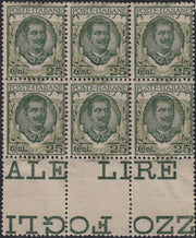 RM10_246 - 1926 - Floreale, c. 25 verde blocco di sei con doppia stampa dell'ornato nuovo integro (200b)