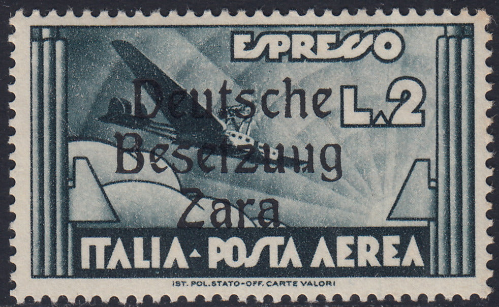 RM10_24 - 1943 - Occupazione tedesca di Zara, Posta Aerea L. 2 ardesia soprastampato "Deutsche BesetzuUg Zara" nuovo con gomma integra (9k)