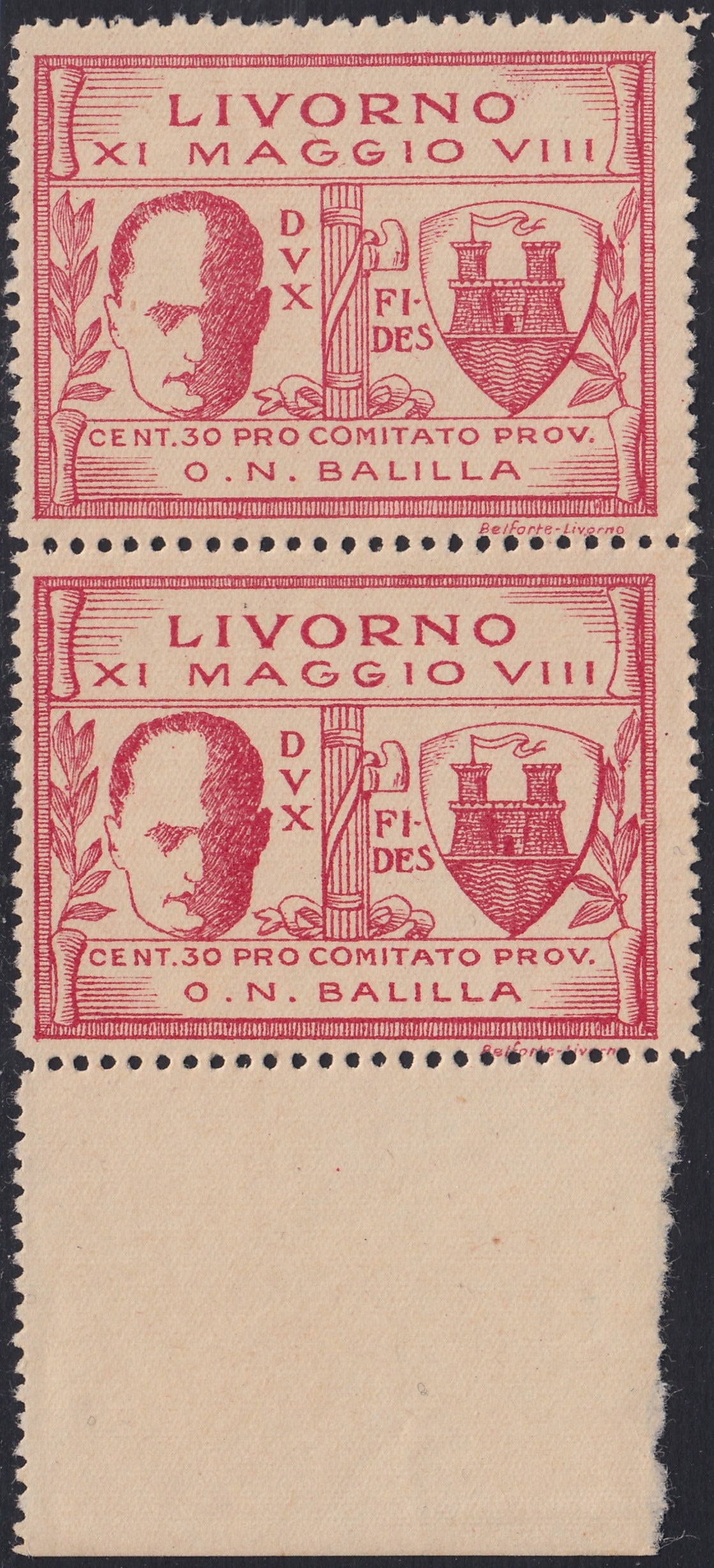 RM10_252 - 1930 - Livorno, Mussolini Opera Nazionale Balilla c. 30 rosa lilla coppia verticale nuova gomma integra (1)