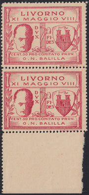 RM10_252 - 1930 - Livorno, Mussolini Opera Nazionale Balilla c. 30 rosa lilla coppia verticale nuova gomma integra (1)