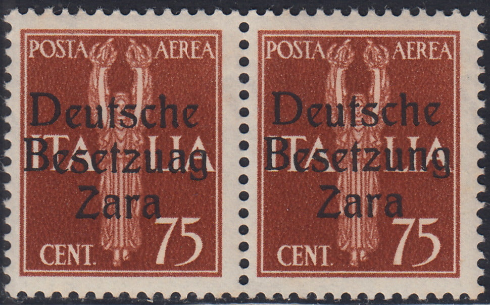 RM10_27 - 1943 - Occupazione tedesca di Zara, Posta Aerea c. 75 bruno giallo soprastampato "Deutsche BesetzuAg Zara" in coppia con esemplare normale nuovo con gomma integra (3a + 3)