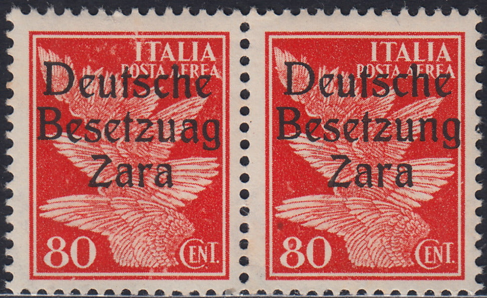 RM10_28 - 1943 - Occupazione tedesca di Zara, Posta Aerea c.80 arancio soprastampato "Deutsche BesetzuAg Zara" in coppia con esemplare normale nuovo con gomma integra (4a + 4)