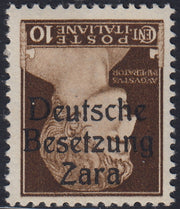 RM10_29 - 1943 - Occupazione tedesca di Zara, c. 10 bruno soprastampato "Deutsche Besetzung Zara" CAPOVOLTO nuovo con gomma integra (2b)