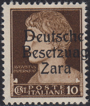 RM10_2 - 1943 - Occupazione tedesca di Zara, c. 10 bruno soprastampato "Deutsche BesetzuAg Zara" nuovo con gomma integra (2a)