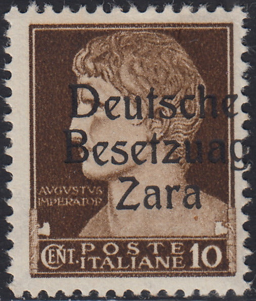 RM10_2 - 1943 - Occupazione tedesca di Zara, c. 10 bruno soprastampato "Deutsche BesetzuAg Zara" nuovo con gomma integra (2a)