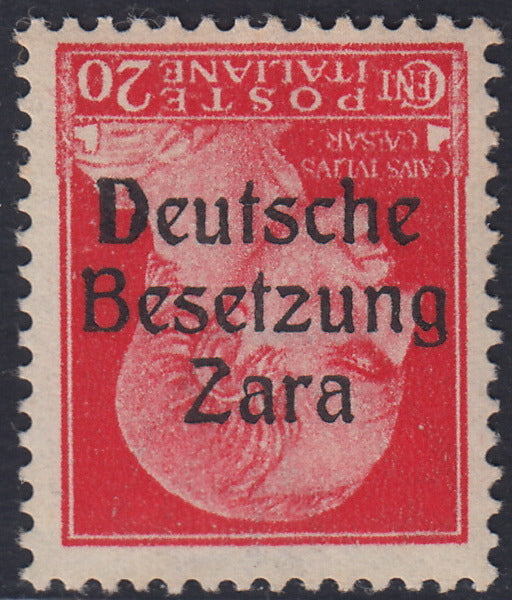 RM10_30 - 1943 - Occupazione tedesca di Zara, c. 20 carminio soprastampato "Deutsche Besetzung Zara" CAPOVOLTO nuovo con gomma integra (4b)